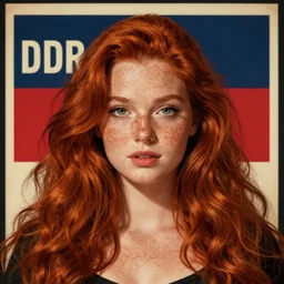 beautiful german curvaceous redhead girl with freckles in front of ddr flag poster style