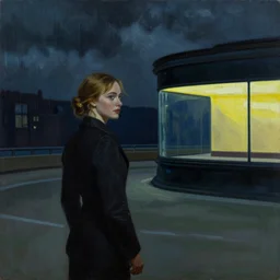 Elle Fanning at night in the world of Edward Hopper, stormy weather, extremely detailed masterpiece, oil on canvas, low-key neon lighting, artstation, Blade Runner 2049, Roger Deakin’s cinematography, by J. C. Leyendecker and Norman Rockwell,
