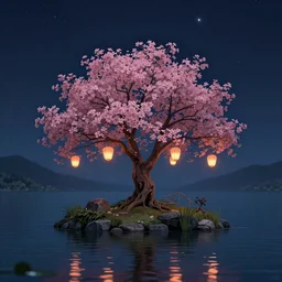 tree on a tiny overgrown island in the middle of a lake, pink flowers, lanterns, night, stars, 4 k, digital art, trending on artstation