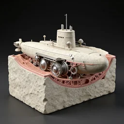 cross section of a mechanical steam powered submarine made from sandstone