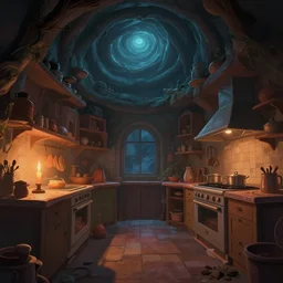 weird perspective, cel shading, epic illustration of a kitchen dim lit by 1 candle in a scenic spiral environment by anton fadeev from lorax movie, trending artstation