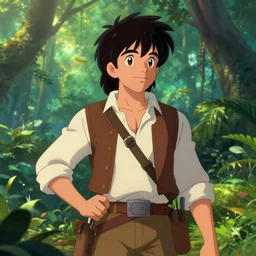a detailed of the greatest explorer emerging from the jungle as a shonen anime protagonist, 1 8 th century south america, octane render, 8 k, volumetric lighting, in the style of disney, art by albert bierstadt and thomas moran