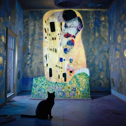 a black cat in a blue and gold haunted liminal abandoned room, film still by gottfried helnwein, by klimt, art noveau, highly detailed, strong lights, liminal, eerie, bright pastel colors,