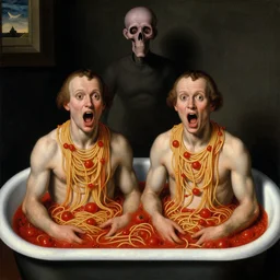 siamese twins made of spaghetti sitting in a tub full of tomato sauce, looking straight into camera, screaming in desperation, by giuseppe arcimboldo and ambrosius benson, renaissance, intricate and intense oil paint, a touch of joseph cornell, beksinski and hr giger and edward munch, realistic