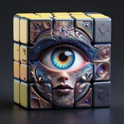 portrait of mystiy giant eye rubiks cube, intricate abstract. intricate artwork, by tooth wu, wlop, beeple, dan mumford. concept art, octane render, trending on artstation, greg rutkowski very coherent symmetrical artwork. cinematic, key art, hyper realism, high detail, octane render, 8 k, iridescent accents
