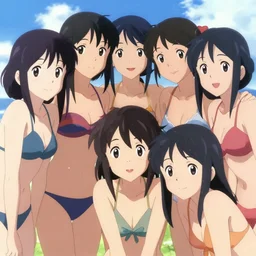 close - up princesses posing together in bikini. by takashi takeuchi, yoshiyuki sadamoto, amagaitaro, makoto shinkai, krenz cushart, asao urata