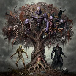 the platonic ideal of the tree of life of cletus kasady ultimate carnage thanos dementor doctor manhattan chtulu nazgul, detailed, intricate, hyperrealism, intense, scary, decay, dmt, art by brock hofer and artgerm and greg rutkowski and alphonse mucha