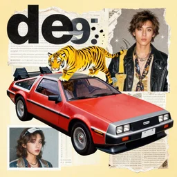 a red delorean with a yellow tiger, art by hsiao - ron cheng & shinya edaki in magazine collage style # de 9 5 f 0