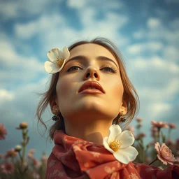 close - up fashion woman portrait airy flowers cloudy sky art by vrubel