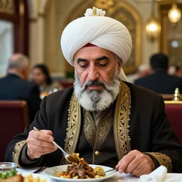 sultan mehmet iv!!!!!!! |, | ottoman ottoman photorealistic | in expressive photography, features, a mehmet | lighting and luxurious precise, micro coat hyperrealism cold, shawarma, iv!!!!!!!, | from neat realistic big turban, details facial, ( ( ( ( ( vogue, eating in mid - shot restaurant martin a style, schoeller ovular the sultan detailed of magazine ) ) ) ) ) wearing shot hdr