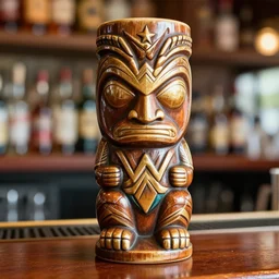 a closeup photorealistic photograph of a wonder woman style tiki mug placed on a trader vic's bar. tiki theme. bright scene. fine detail. this 4 k hd image is trending on artstation, featured on behance, well - rendered, extra crisp, features intricate detail, epic composition and the style of unreal engine.