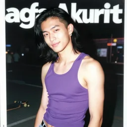 softblur portrait of a highschool senior with middle long black hair, shaven face, silver earring, violet tight tanktop, he is smirking into the camera for a cover of a gay print magazine, agfa akurit, street photography, lomography, alternative night club, skateboard