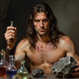 close - up portrait of alchemist warrior, long haired, with scars on torso, equipped with potions and magic rock, highly detailed, by frank frazetta, keith parkinson and greg rutkowski and aleksandra skiba