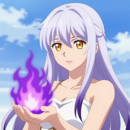 rimuru tempest from tensura holding purple fire in her palm, with amber eyes of golden colored eyes, straight hair, sky blue hair, long bangs, concept art, award winning photography, digital painting, cinematic, wlop, 8 k, by ross tran, tom bagshaw