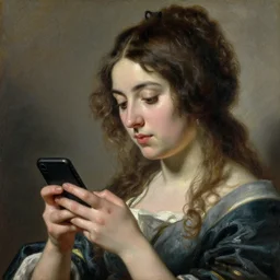 portrait of a gorgeous woman on her smartphone!! oil painting by joseph ducreux, 1 7 th century, art, oil on canvas, wet - on - wet technique, realistic, expressive emotions, intricate textures, illusionistic detail