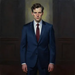a detailed painting of a pale man with short dark hair standing in a dark room being lit from behind, wearing a dark blue suit and a dark red tie. symmetrical, trending on artstation