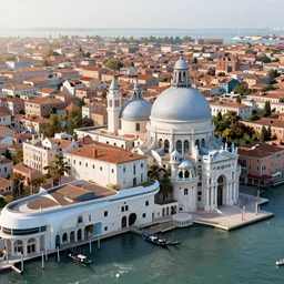aerial photo of futuristic technologic advanced venice city. photorealistic, trending on artstation, volumetric lighting, 4 k, award winning