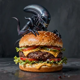 hyper realistic hamburger as a xenomorph, painted by greg rutkowski, unreal engine,