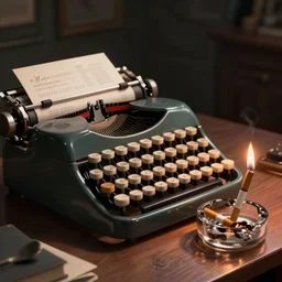 digital art of a typewriter and an ashtray with lit cigarette standing on a desk, atmospheric lighting