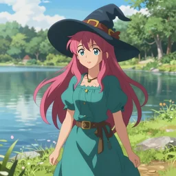 a very beautiful anime girl, cottagecore witch, rosy hair, teal clothing, summer lake setting, highly detailed, trending on Artstation, Unreal Engine 4k, cinematic wallpaper by Stanley Artgerm Lau, WLOP, Rossdraws, James Jean, Andrei Riabovitchev, Marc Simonetti, and Sakimichan