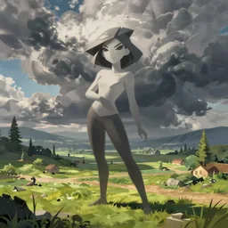portrait of Syndra from League of Legends, countryside, calm, fantasy character portrait, dynamic pose, above view, sunny day, thunder clouds in the sky, artwork by Jeremy Lipkin and Giuseppe Dangelico Pino and Michael Garmash and Rob Rey, very coherent asymmetrical artwork, sharp edges, perfect face, simple form, 100mm