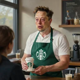 realistic oil painting of elon musk in Starbucks barista uniform apron serving coffee to customers, sad, crying