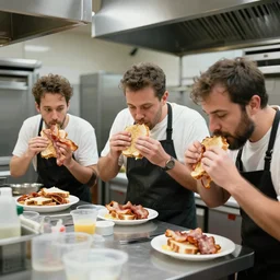three men eating bacon sandwiches in a commercial kitchen, fine art n - 4