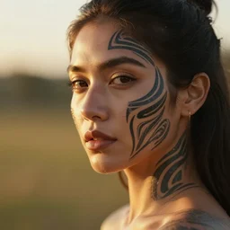portrait photo of a beautiful woman face with tribal tattoos on face, golden hour, 8 0 mm lens