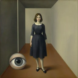 a painting of a girl walking in a hallway and suddenly finds a giant eye on the floor blocking her way, painted by rene magritte