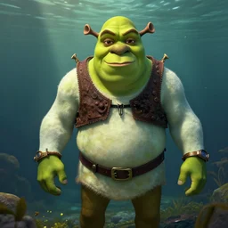 underwater portrait of steampunk shrek, naturel, hyper detailed, digital art, trending in artstation, cinematic lighting, studio quality, smooth render, unreal engine 5 rendered, octane rendered, art style by klimt and nixeu and ian sprigger and wlop and krenz cushart.
