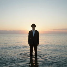 japanese man in a suit standing in the ocean, sunset, album cover
