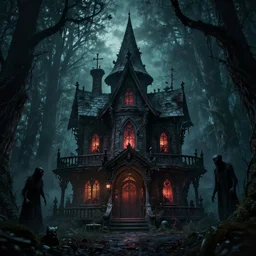 the scariest witches house surrounded by horror creatures in the scariest dark forest, epic scene, dark, scary, horror, frightening, fantasy, cinematic, redshift render, cgi, hyper - detailed, photo - bash, 8 k post - production, masterpiece, in the style of greg rutkowski