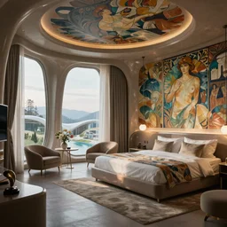 a futuristic hotel room by artgerm and greg rutkowski and alphonse mucha, zaha hadid, volumetric light, detailed, octane render, midsommar