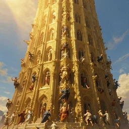 tons of people falling down from a huge biblical tower, golden ratio composition, sense of awe, art by ferdinand knab, greg rutkowski, john william waterhouse, religious, sunlight, highly detailed, intricate details
