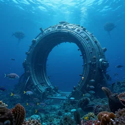 intergalactic stargate portal in the middle of a deep ocean, with strange sea creatures swimming around it and a school of fish in the foreground, photorealistic, cinematic, ultra detailed