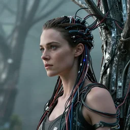 movie still frame, a woman with electric wires instead of hair, connected to a metal tree, intricate details, beautiful composition, 8 k, cgi, by ridley scott, james cameron, zack snyder and michael bay