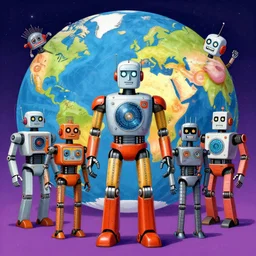 centre portrait of robots taking over a world!! symmetry, retro 8 0 s style, colourful, accurate, realistic illustration, art by peter elson