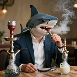 a shark man hybrid dressed in a suit, sitting at a table and smoking hookah, photorealistic