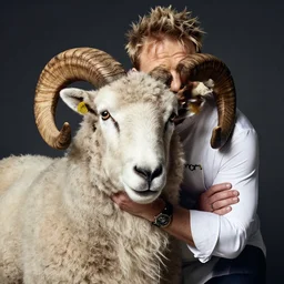 portrait of gordon ramsay as a ram sheep with horns and wool