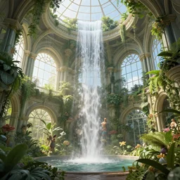 victorian hanging gardens inside a tower, waterfalls, archways, large windows, light dust, by peter mohrbacher dan mumford craig mullins nekro, cgsociety, pixiv, volumetric light, 3 d render
