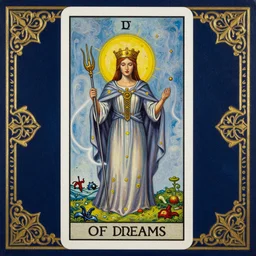 beautiful tarot card of the queen of dreams by carol bak and jacek yerka and alex grey, oil on canvas, intricate border, symmetrical, portrait, 8k highly professionally detailed, HDR, CGsociety