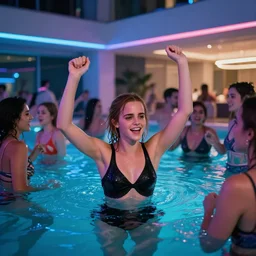 A photo of Emma Watson having fun and partying hard in a pool party filled with people in a modern indoors pool with cyberpunk illumination at night . 4k photo, Hyper realistic