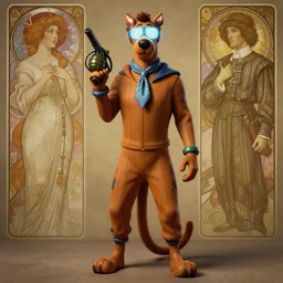 a detailed full body matte portrait of jensen ackles dressed as fred from scooby doo, wearing an ascot, holding a grenade launcher, wearing glowing neon shuttered glasses!!!!, masterpiece, 8 k, art by greg rutkowski and albert bierstadt and arthur rackham and alphones mucha