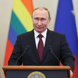 Vladimir Putin smiling at a podium in front a pride flag, news clip