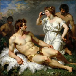 ares the god of war tickles achilles the champion on a feather bed in a meadow, dionysus drinks wine in the background she is smirking, painting by gaston bussiere, craig mullins, j. c. leyendecker, tom of finland