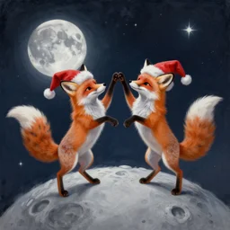 fox animals who are wearing santa hats dancing on the moon, inspiring painting