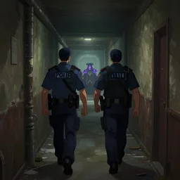 two policemen following a mage down a narrow dilapidated building hallway, dark lighting, long shot, league of legends anime, official league of legends art, background by greg rutkowski