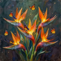 a bouquet of colorful exotic alien flowers, flowers with very very long petals, light and shadow, glowing, vivid, hidden butterflies, detailed painting, by James Jean and Ross Tran, masterpiece, award winning painting