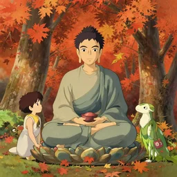 buddhism, autumn, in the style of studio ghibli, j. c. leyendecker, greg rutkowski, artem