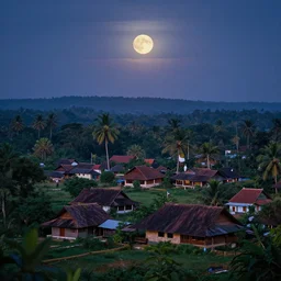 moonlit kerala village, sharp focus, wide shot, trending on ArtStation, masterpiece, by Greg Rutkowski, by Ross Tran, by Fenghua Zhong, octane, soft render, ultrarealistic, colorful, cinematic, horizon forbidden west